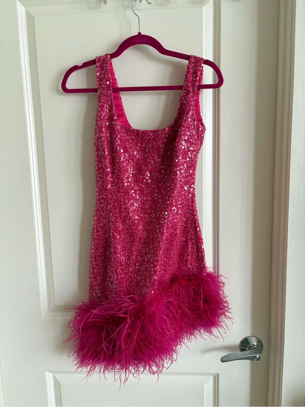 Nadine Merabi Evie Hot Pink Sequin Feather Mini Dress